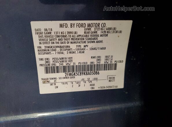 2FMGK5C89KBA05086 2019 FORD FLEX Blue VIN sticker view