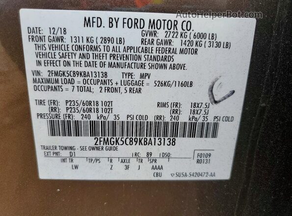 2FMGK5C89KBA13138 2019 FORD FLEX Gray Widok naklejki z numerem VIN