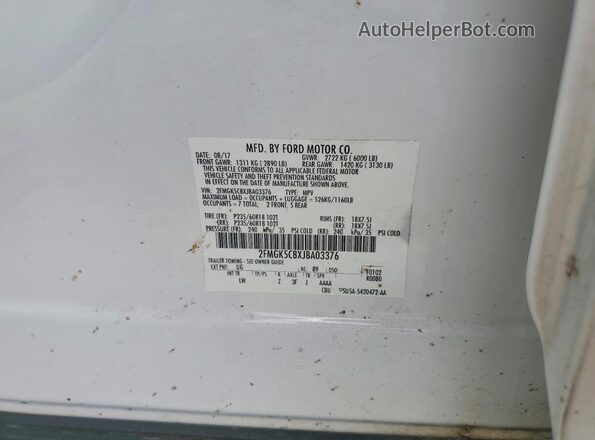 2FMGK5C8XJBA03376 2018 FORD FLEX White VIN კოდის სტიკერის ხედი