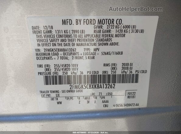 2FMGK5C8XKBA13262 2019 FORD FLEX Silver Вид підкапотного простору