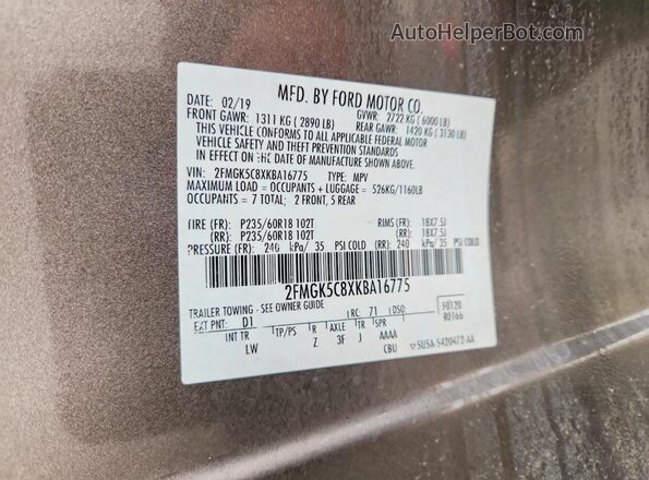 2FMGK5C8XKBA16775 2019 FORD FLEX Brown VIN կոդի պիտակի տեսք