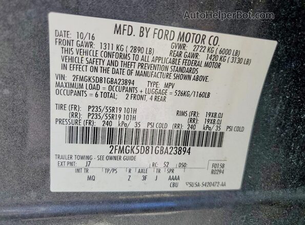 2FMGK5D81GBA23894 2016 FORD FLEX Gray Widok naklejki z numerem VIN