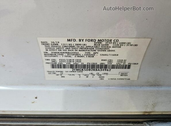 2FMGK5D82KBA34962 2019 FORD FLEX White Widok naklejki z numerem VIN