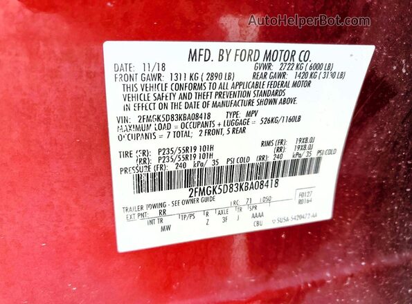 2FMGK5D83KBA08418 2019 FORD FLEX Красный Вид подкапотного пространства