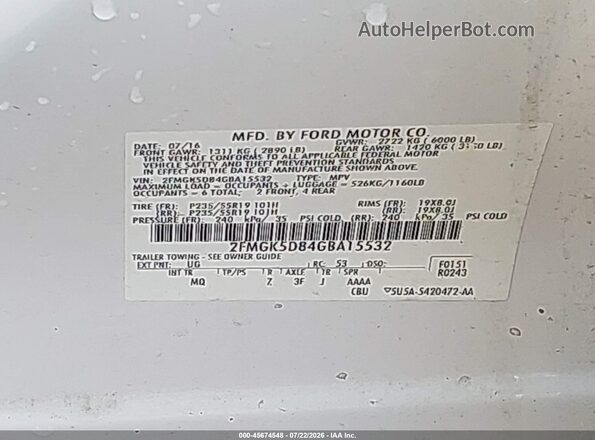 2FMGK5D84GBA15532 2016 FORD FLEX White Vista del compartimento del motor