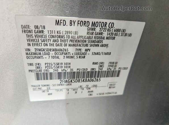 2FMGK5D85KBA06265 2019 FORD FLEX Серебряный Панорамный вид салона 360°
