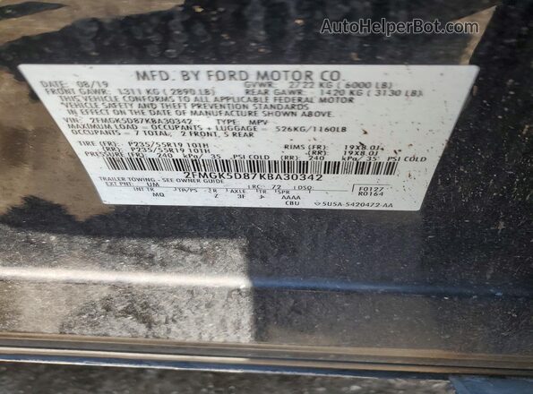 2FMGK5D87KBA30342 2019 FORD FLEX Black Вид наклейки з VIN-кодом