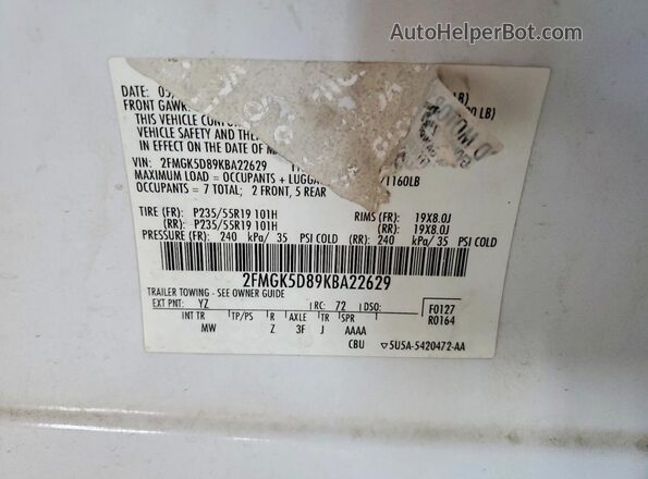 2FMGK5D89KBA22629 2019 FORD FLEX White VIN կոդի պիտակի տեսք