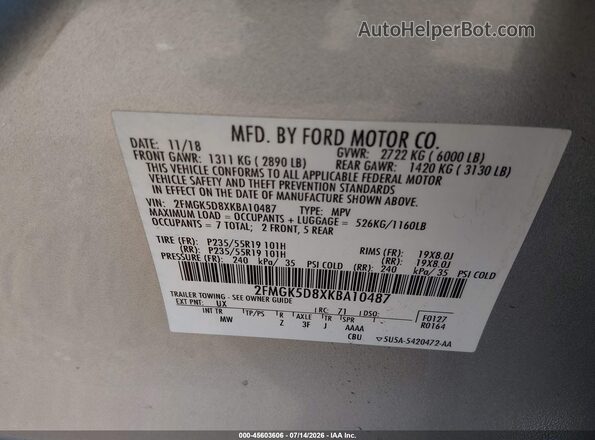 2FMGK5D8XKBA10487 2019 FORD FLEX Silver Вид підкапотного простору