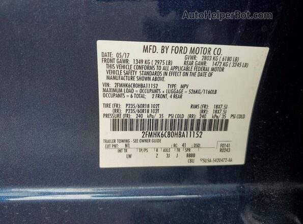 2FMHK6C80HBA11152 2017 FORD FLEX Blue VIN sticker view