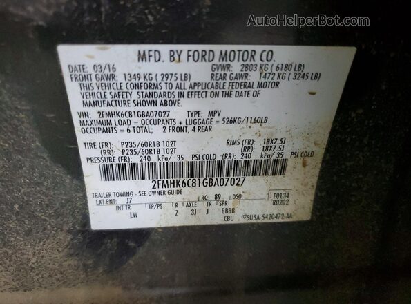2FMHK6C81GBA07027 2016 FORD FLEX Charcoal VIN კოდის სტიკერის ხედი