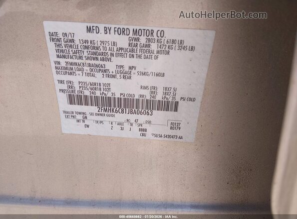 2FMHK6C81JBA06063 2018 FORD FLEX Beige Widok komory silnika