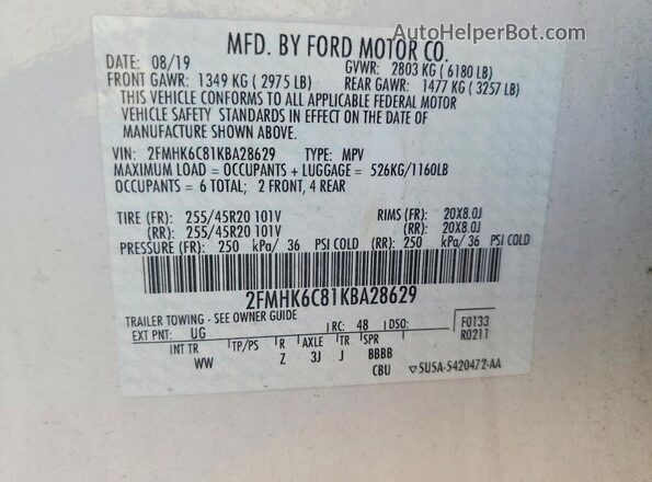 2FMHK6C81KBA28629 2019 FORD FLEX White Вид наклейки з VIN-кодом