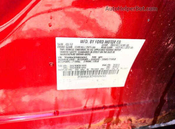 2FMHK6C82HBA06065 2017 FORD FLEX Red VIN კოდის სტიკერის ხედი