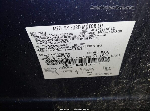 2FMHK6C83HBA10285 2017 FORD FLEX Синий Вид подкапотного пространства