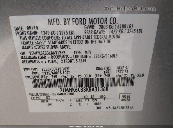 2FMHK6C83KBA31368 2019 FORD FLEX Silver ძრავის განყოფილების ხედი