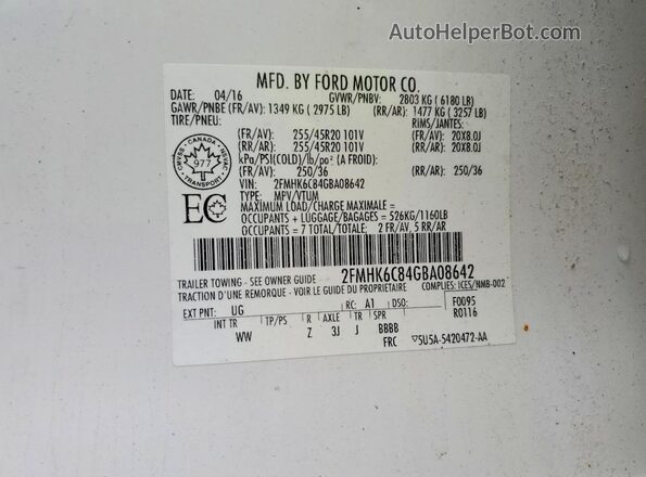 2FMHK6C84GBA08642 2016 FORD FLEX White Вид наклейки з VIN-кодом