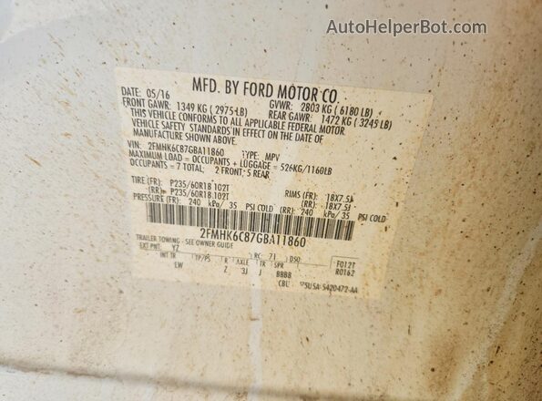 2FMHK6C87GBA11860 2016 FORD FLEX White VIN sticker view