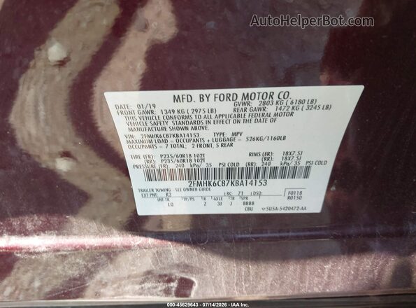 2FMHK6C87KBA14153 2019 FORD FLEX Maroon Շարժիչի բաժամունքի տեսք