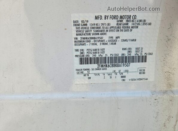 2FMHK6C88KBA19507 2019 FORD FLEX White 360 interior view