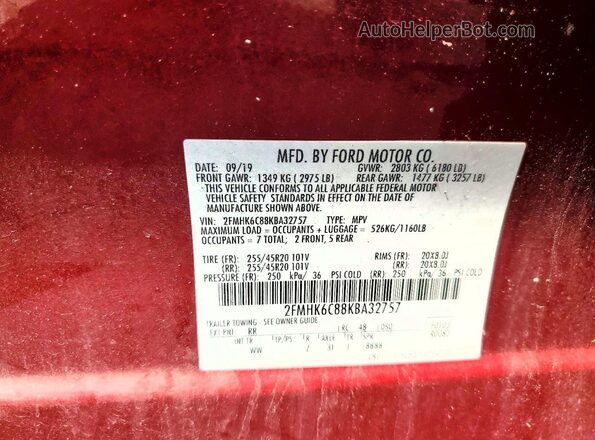 2FMHK6C88KBA32757 2019 FORD FLEX Red VIN sticker view