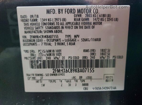 2FMHK6C89KBA07155 2019 FORD FLEX Charcoal სალონის 360-გრადუსიანი ხედი