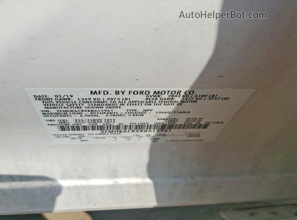 2FMHK6C8XKBA15961 2019 FORD FLEX White VIN კოდის სტიკერის ხედი