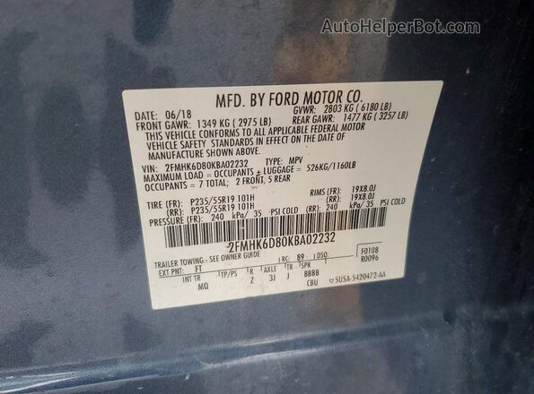 2FMHK6D80KBA02232 2019 FORD FLEX Blue Շարժիչի բաժամունքի տեսք