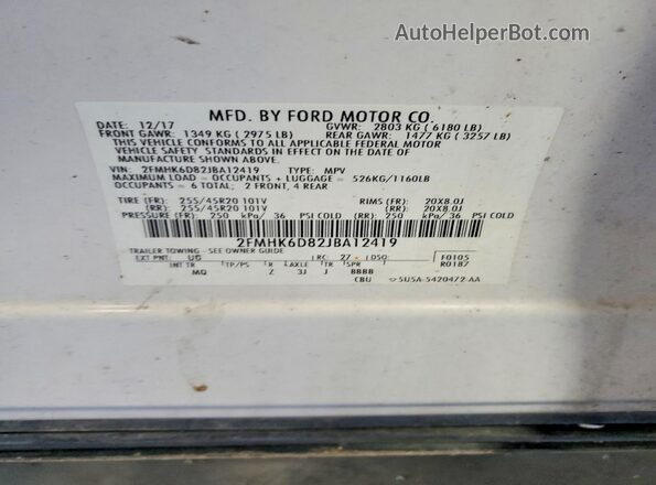 2FMHK6D82JBA12419 2018 FORD FLEX White VIN sticker view