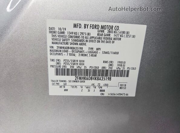 2FMHK6D84KBA35198 2019 FORD FLEX Silver Vista de la etiqueta del VIN