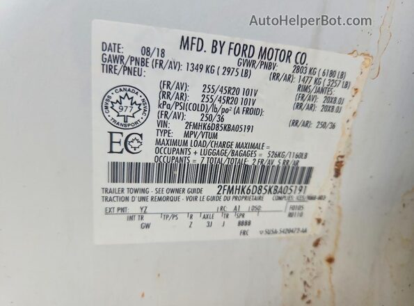 2FMHK6D85KBA05191 2019 FORD FLEX White VIN sticker view