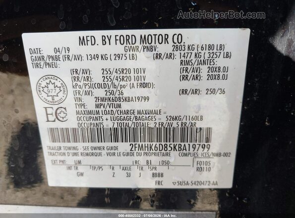 2FMHK6D85KBA19799 2019 FORD FLEX Black Vista del compartimento del motor