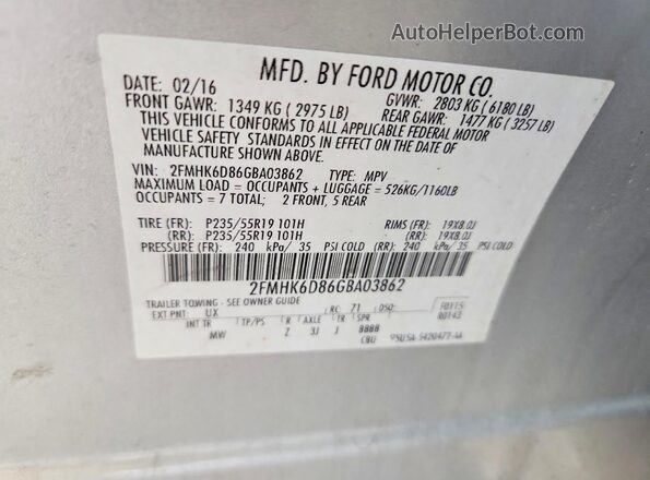 2FMHK6D86GBA03862 2016 FORD FLEX Silver Вид наклейки з VIN-кодом