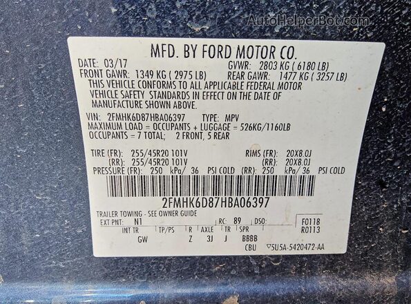 2FMHK6D87HBA06397 2017 FORD FLEX Blue Widok naklejki z numerem VIN
