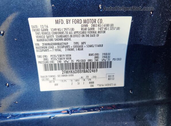 2FMHK6D88HBA02469 2017 FORD FLEX Синий Вид наклейки с VIN-кодом