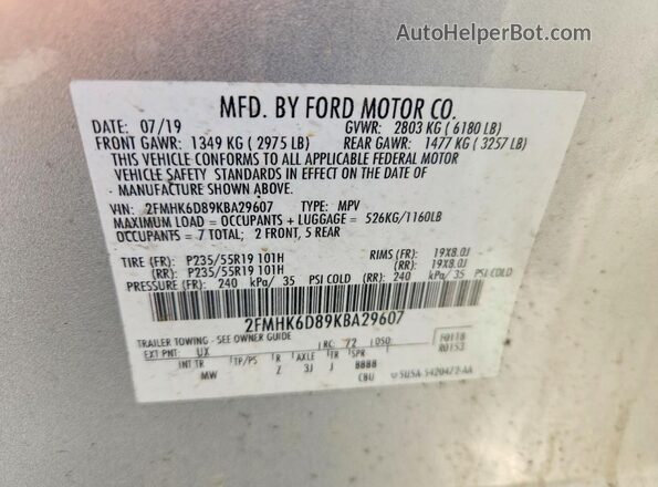 2FMHK6D89KBA29607 2019 FORD FLEX Серебряный Вид наклейки с VIN-кодом
