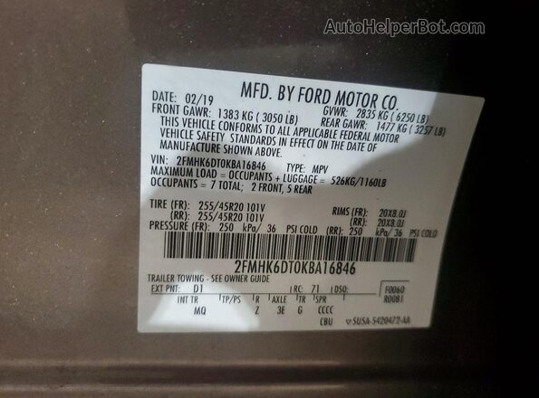 2FMHK6DT0KBA16846 2019 FORD FLEX Gold Vista de la etiqueta del VIN