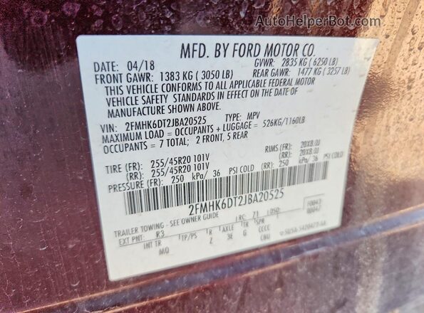 2FMHK6DT2JBA20525 2018 FORD FLEX Maroon Widok naklejki z numerem VIN
