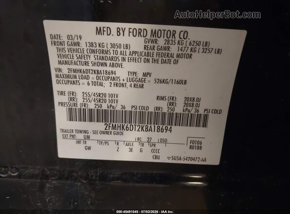 2FMHK6DT2KBA18694 2019 FORD FLEX Black Շարժիչի բաժամունքի տեսք