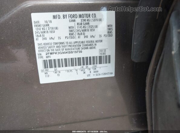 2FMPK3G90KBB19730 2019 FORD EDGE Brown Вид підкапотного простору