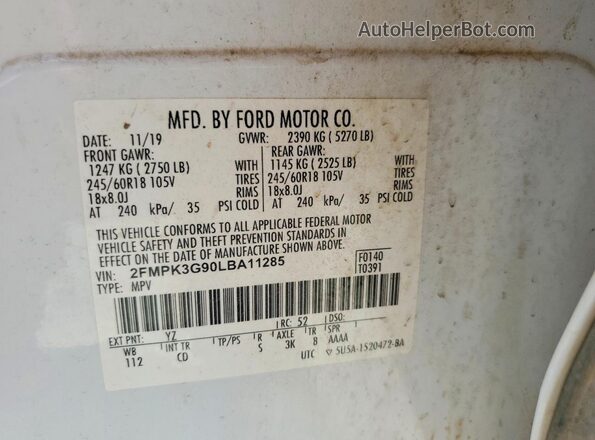 2FMPK3G90LBA11285 2020 FORD EDGE White VIN sticker view