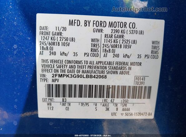 2FMPK3G90LBB42068 2020 FORD EDGE Blue Вид підкапотного простору