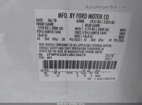2FMPK3G91JBC38479 2018 FORD EDGE White ძრავის განყოფილების ხედი