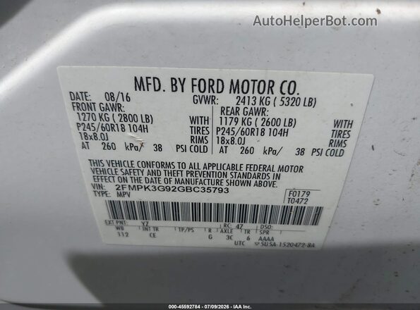 2FMPK3G92GBC35793 2016 FORD EDGE Белый Вид подкапотного пространства