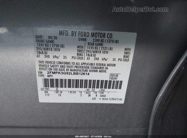 2FMPK3G92LBB12814 2020 FORD EDGE Silver Շարժիչի բաժամունքի տեսք