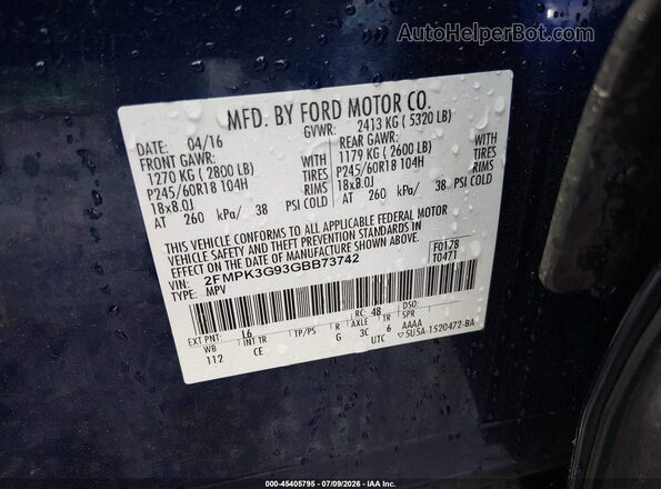 2FMPK3G93GBB73742 2016 FORD EDGE Blue Շարժիչի բաժամունքի տեսք
