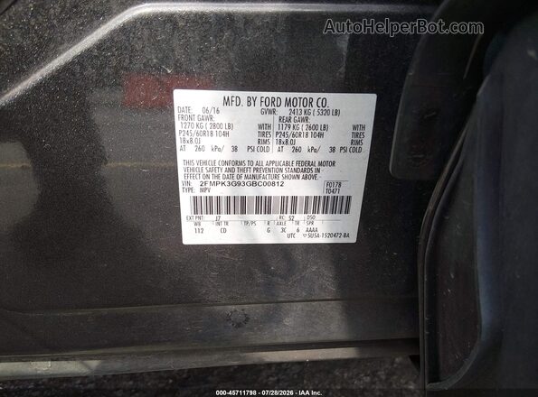 2FMPK3G93GBC00812 2016 FORD EDGE Gray Vista del compartimento del motor