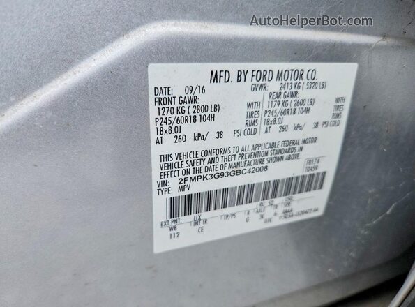 2FMPK3G93GBC42008 2016 FORD EDGE Silver Vista del compartimento del motor