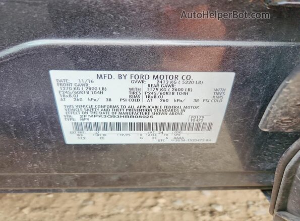 2FMPK3G93HBB08925 2017 FORD EDGE Gray VIN կոդի պիտակի տեսք