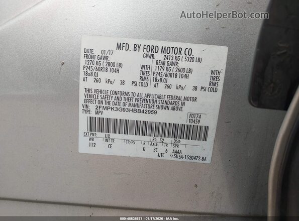 2FMPK3G93HBB42959 2017 FORD EDGE Silver VIN კოდის სტიკერის ხედი